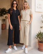 MANGOPOP Henley Wide Leg Pants Lounge Set Khaki