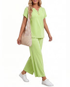 MANGOPOP Henley Wide Leg Pants Lounge Set Sage Green