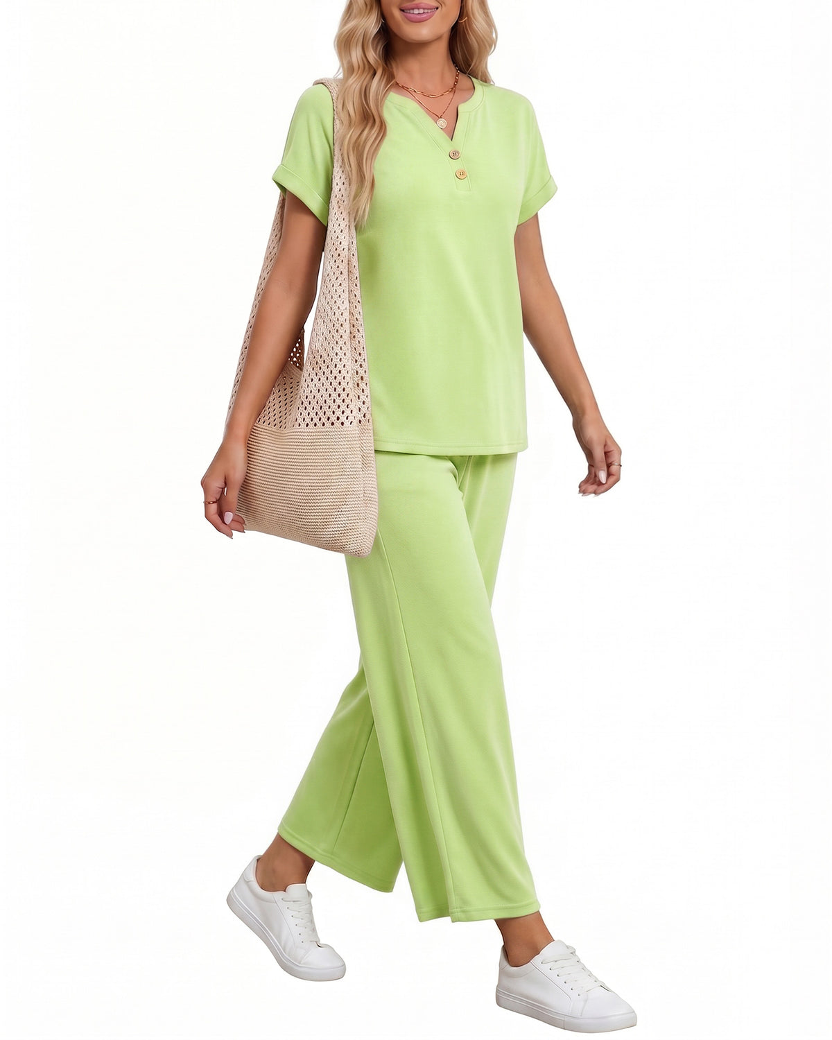 MANGOPOP Henley Wide Leg Pants Lounge Set Sage Green