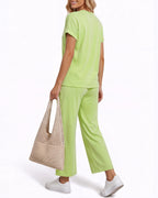 MANGOPOP Henley Wide Leg Pants Lounge Set Sage Green