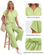 MANGOPOP Henley Wide Leg Pants Lounge Set Sage Green