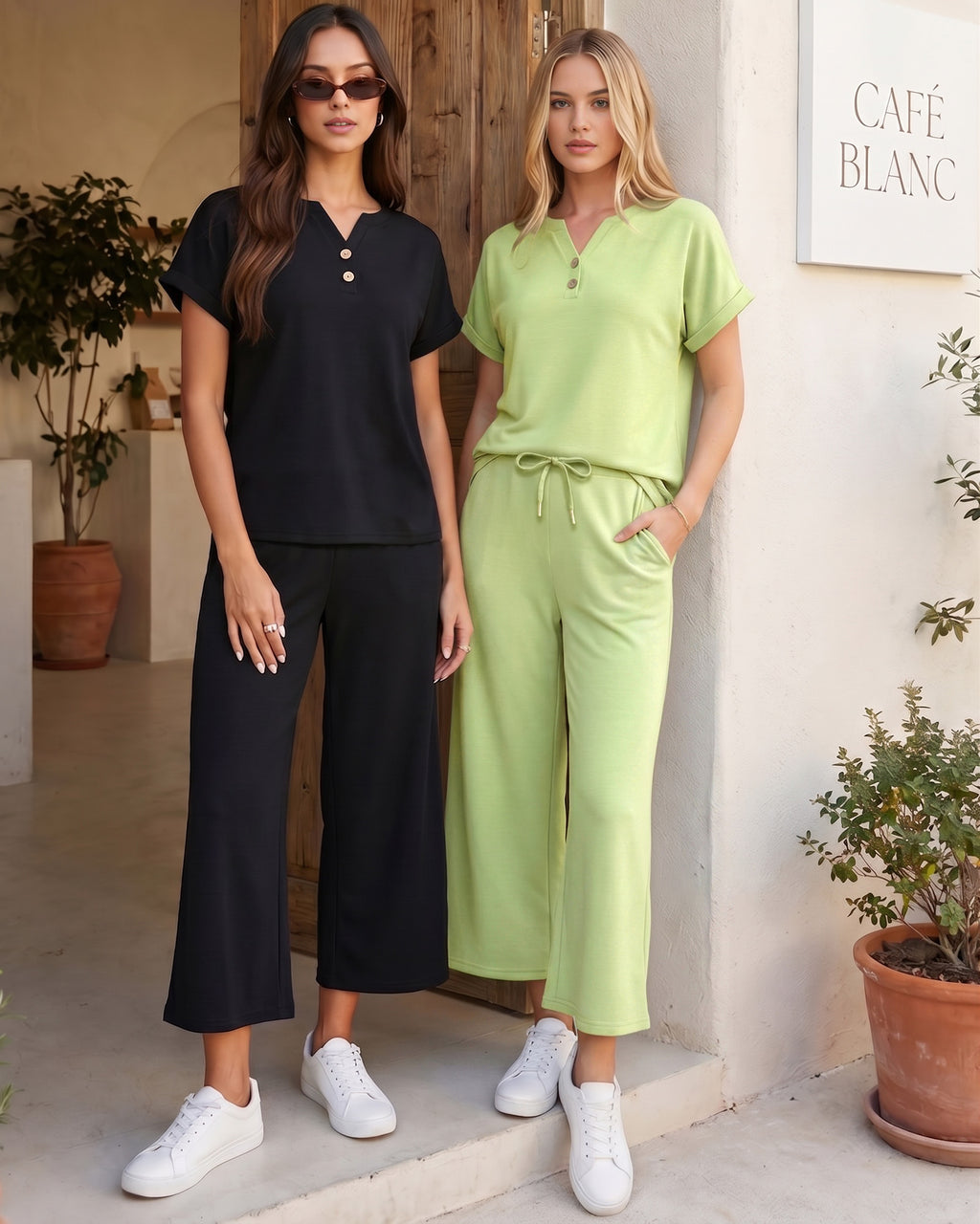 MANGOPOP Henley Wide Leg Pants Lounge Set Sage Green