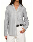 MANGOPOP Striped Button-Down V-Neck Work Blouse Black and White Stripes
