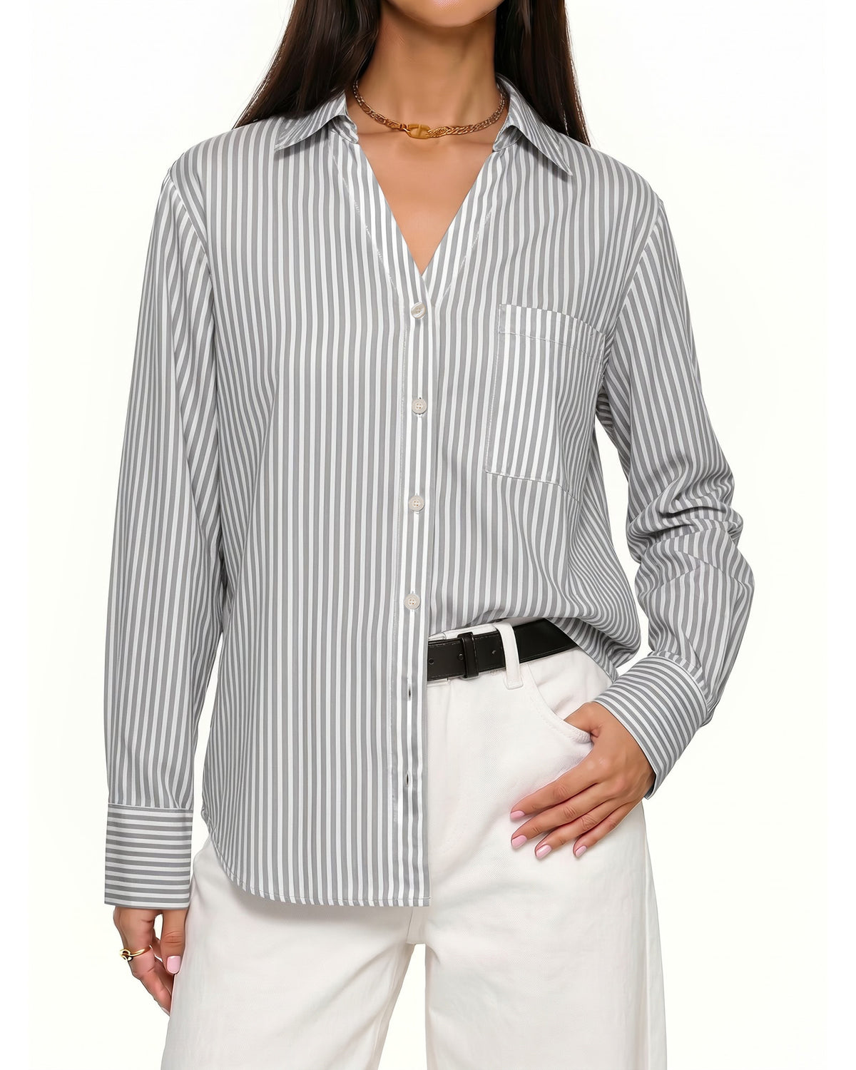 MANGOPOP Striped Button-Down V-Neck Work Blouse Black and White Stripes