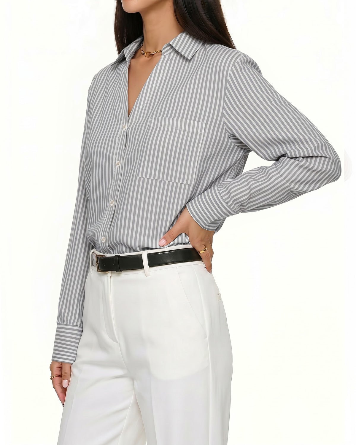 MANGOPOP Striped Button-Down V-Neck Work Blouse Black and White Stripes