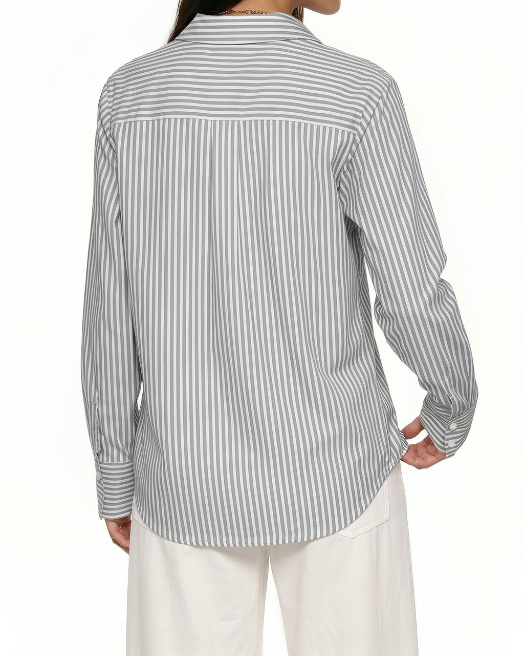 MANGOPOP Striped Button-Down V-Neck Work Blouse Black and White Stripes