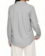 MANGOPOP Striped Button-Down V-Neck Work Blouse Black and White Stripes