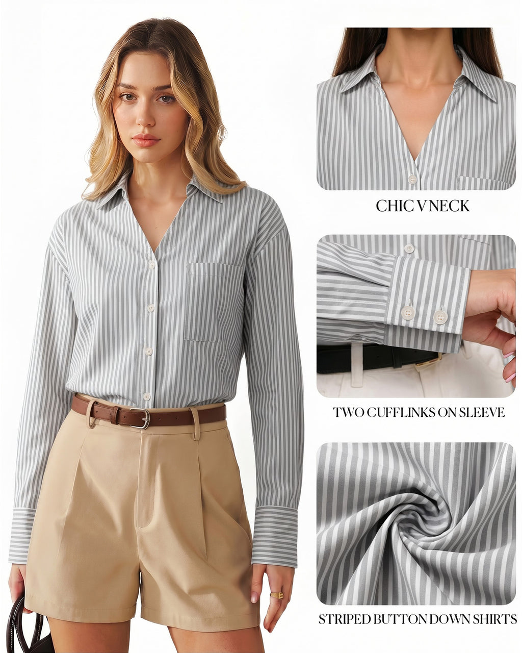 MANGOPOP Striped Button-Down V-Neck Work Blouse Black and White Stripes