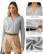 MANGOPOP Striped Button-Down V-Neck Work Blouse Black and White Stripes