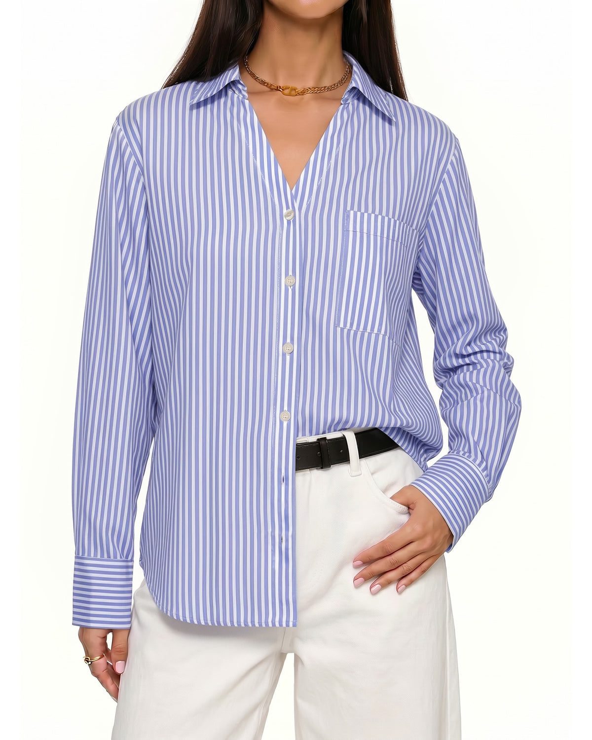 MANGOPOP Striped Button-Down V-Neck Work Blouse Blue and White Stripes