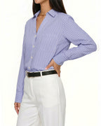 MANGOPOP Striped Button-Down V-Neck Work Blouse Blue and White Stripes