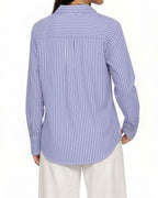 MANGOPOP Striped Button-Down V-Neck Work Blouse Blue and White Stripes
