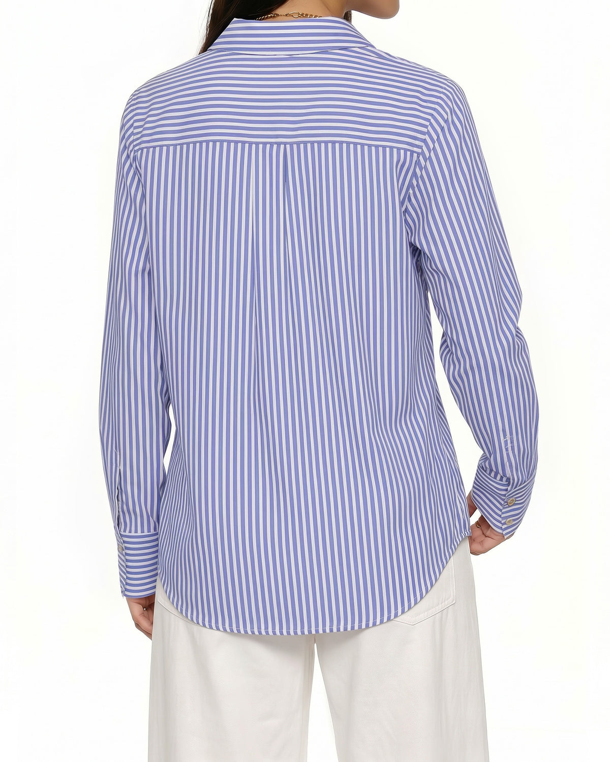 MANGOPOP Striped Button-Down V-Neck Work Blouse Blue and White Stripes
