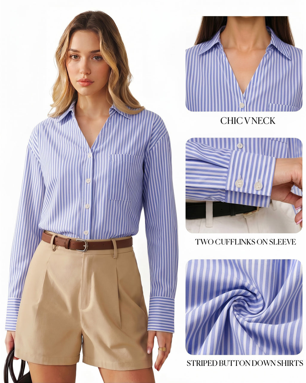 MANGOPOP Striped Button-Down V-Neck Work Blouse Blue and White Stripes