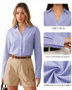 MANGOPOP Striped Button-Down V-Neck Work Blouse Blue and White Stripes