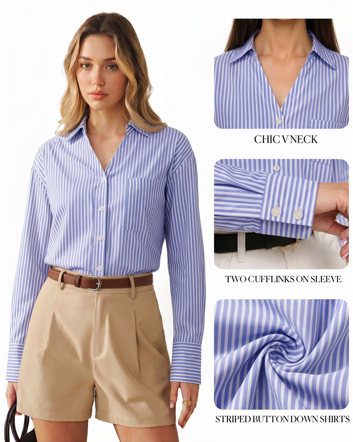 MANGOPOP Striped Button-Down V-Neck Work Blouse Blue and White Stripes