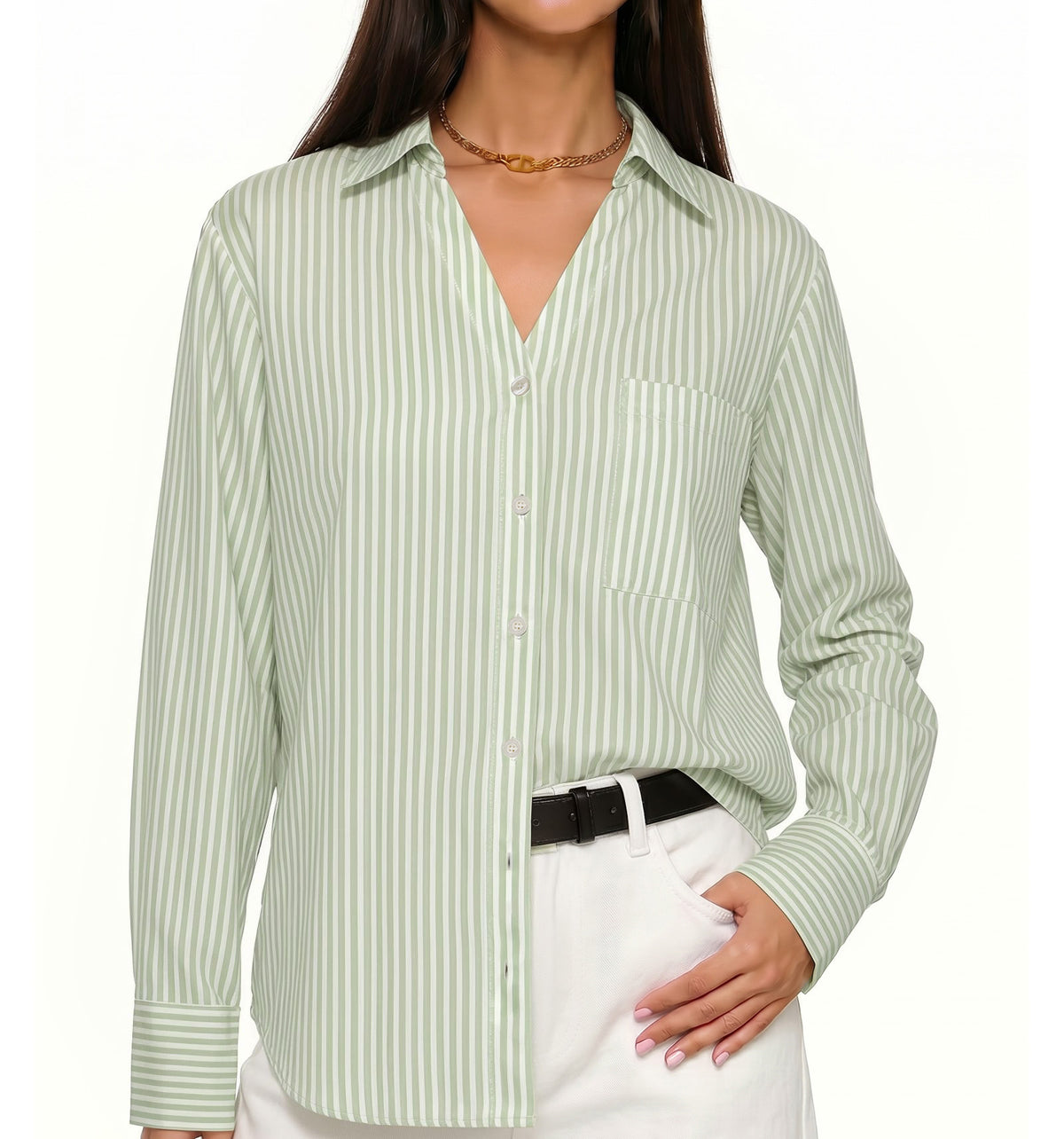 MANGOPOP Striped Button-Down V-Neck Work Blouse Green and White Stripes