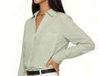 MANGOPOP Striped Button-Down V-Neck Work Blouse Green and White Stripes