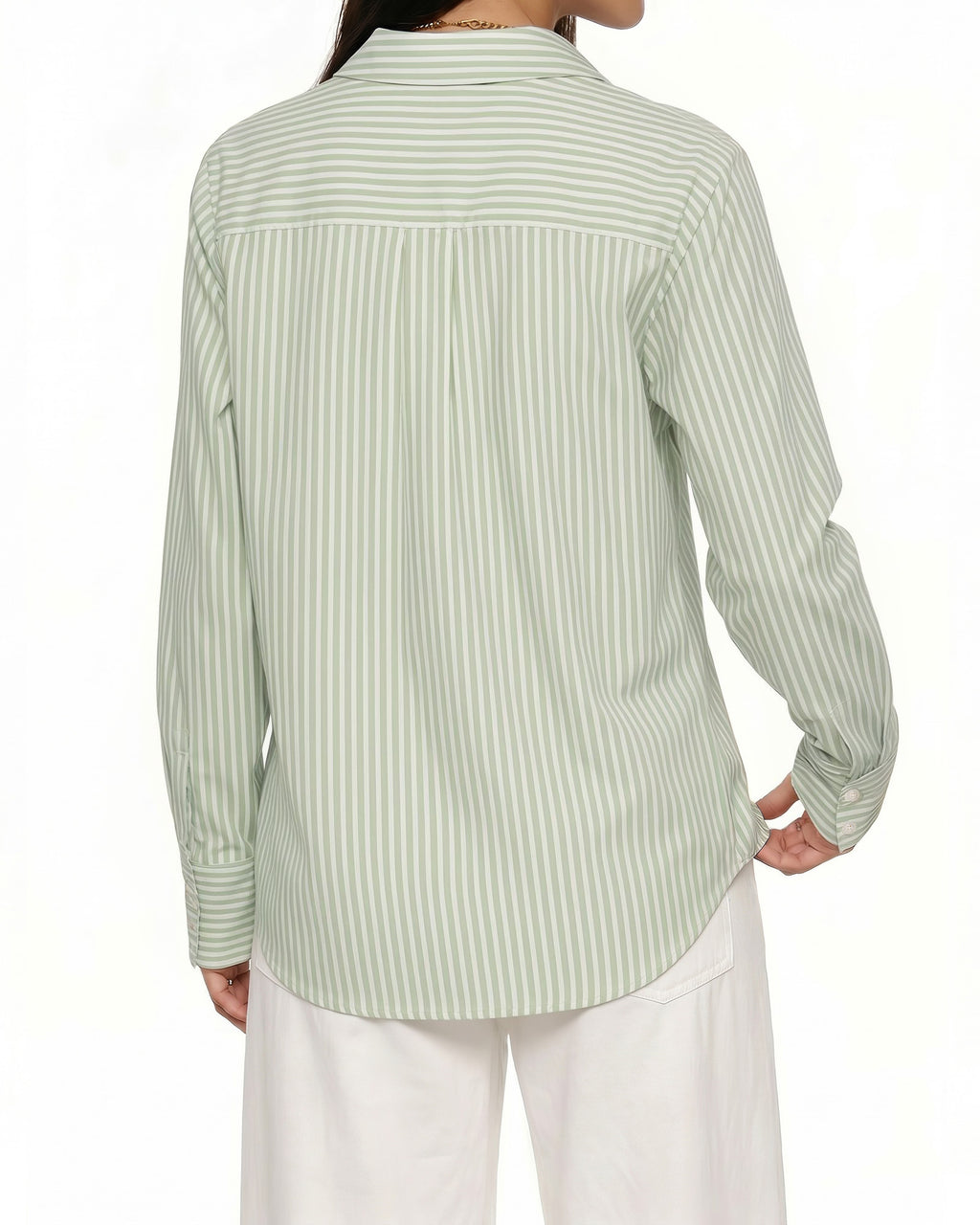 MANGOPOP Striped Button-Down V-Neck Work Blouse Green and White Stripes