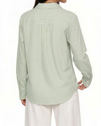 MANGOPOP Striped Button-Down V-Neck Work Blouse Green and White Stripes
