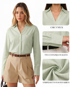MANGOPOP Striped Button-Down V-Neck Work Blouse Green and White Stripes