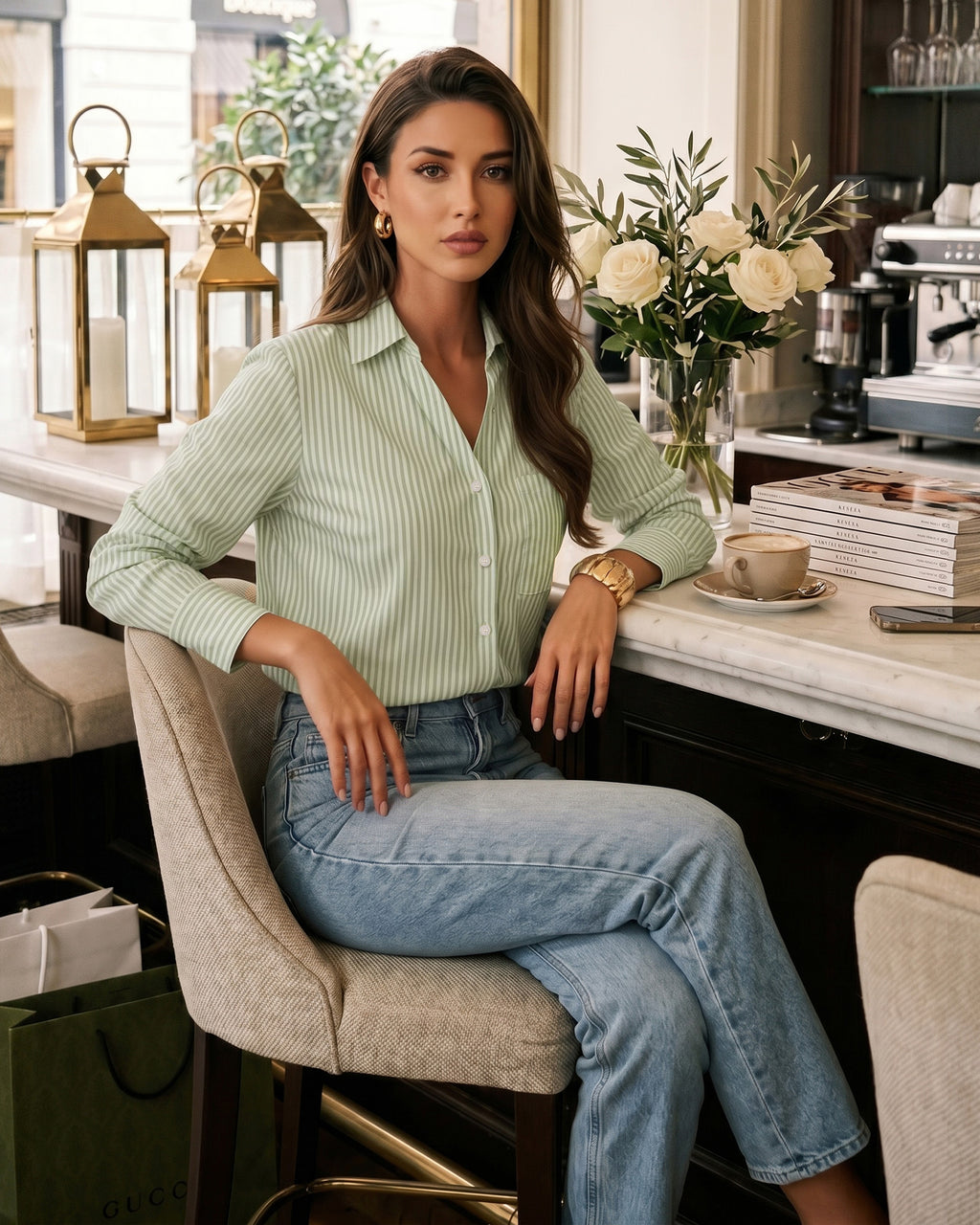 MANGOPOP Striped Button-Down V-Neck Work Blouse Green and White Stripes