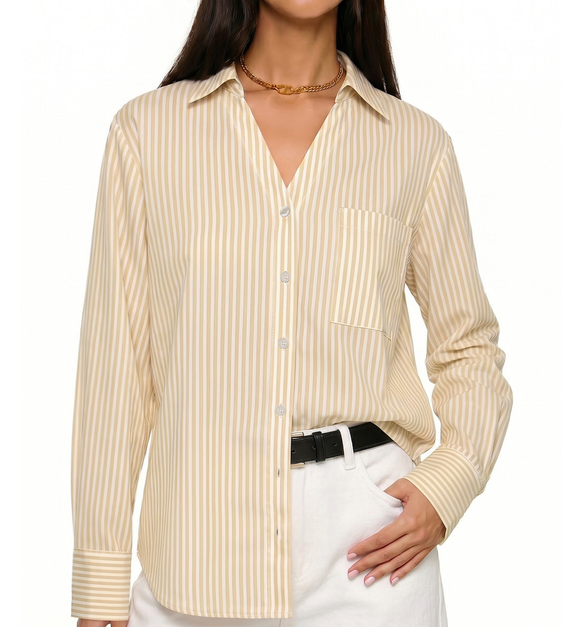 MANGOPOP Striped Button-Down V-Neck Work Blouse Khaki and White Stripes