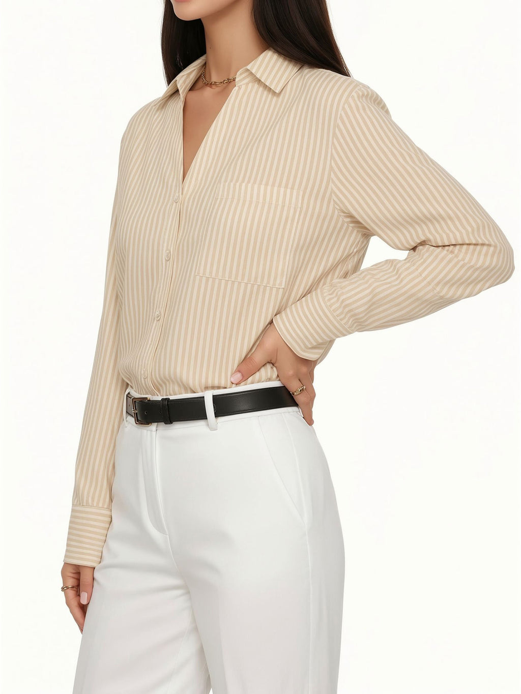 MANGOPOP Striped Button-Down V-Neck Work Blouse Khaki and White Stripes