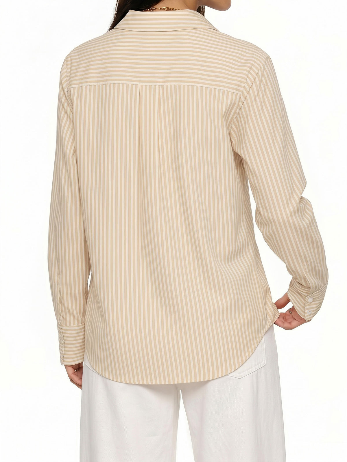MANGOPOP Striped Button-Down V-Neck Work Blouse Khaki and White Stripes