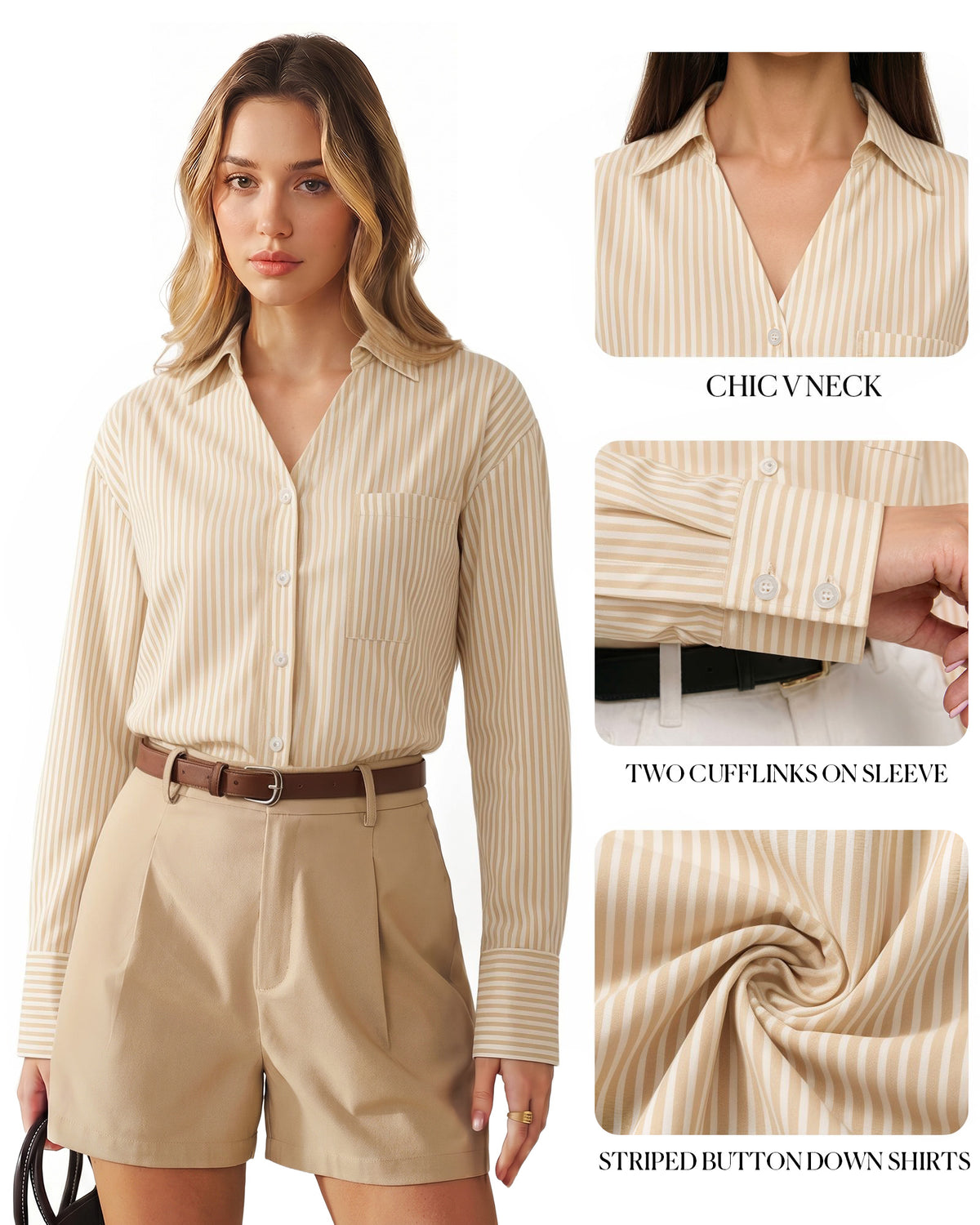 MANGOPOP Striped Button-Down V-Neck Work Blouse Khaki and White Stripes