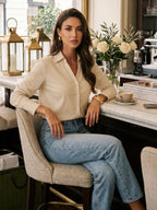 MANGOPOP Striped Button-Down V-Neck Work Blouse Khaki and White Stripes