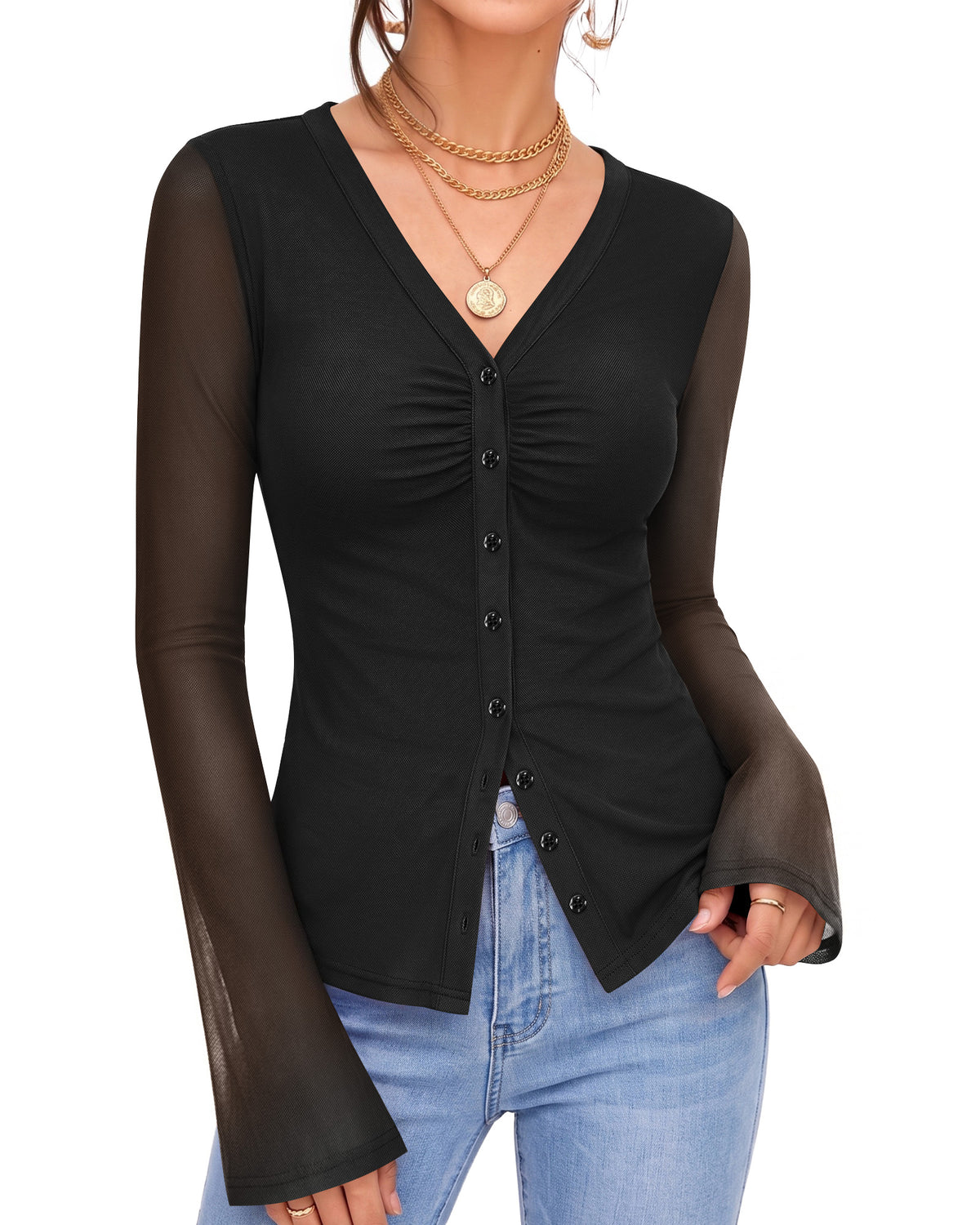 MANGOPOP Button-Down Trumpet Sleeve Ruched Mesh Blouse Black