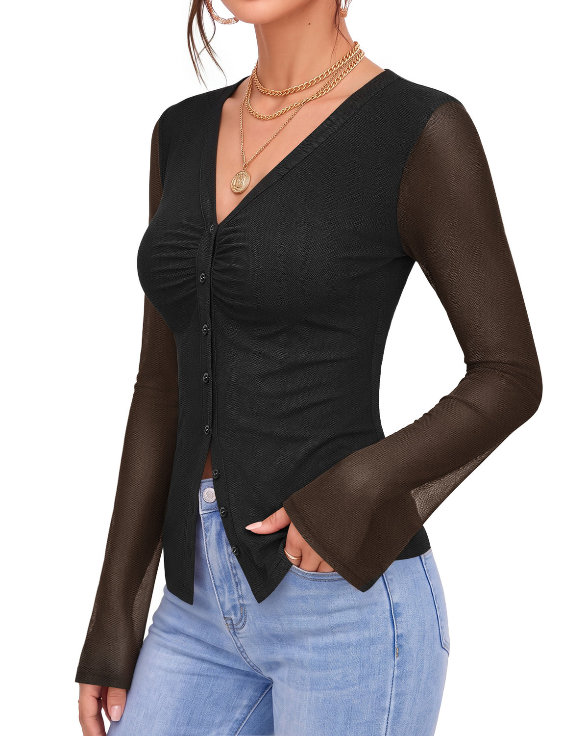 MANGOPOP Button-Down Trumpet Sleeve Ruched Mesh Blouse Black