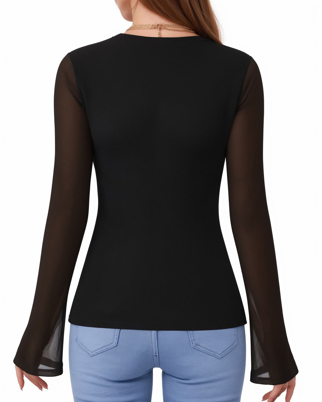 MANGOPOP Button-Down Trumpet Sleeve Ruched Mesh Blouse Black