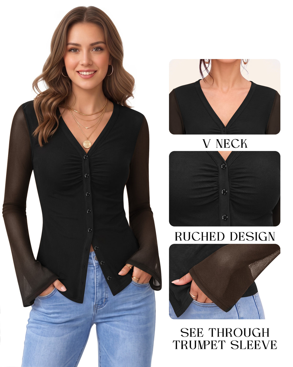 MANGOPOP Button-Down Trumpet Sleeve Ruched Mesh Blouse Black