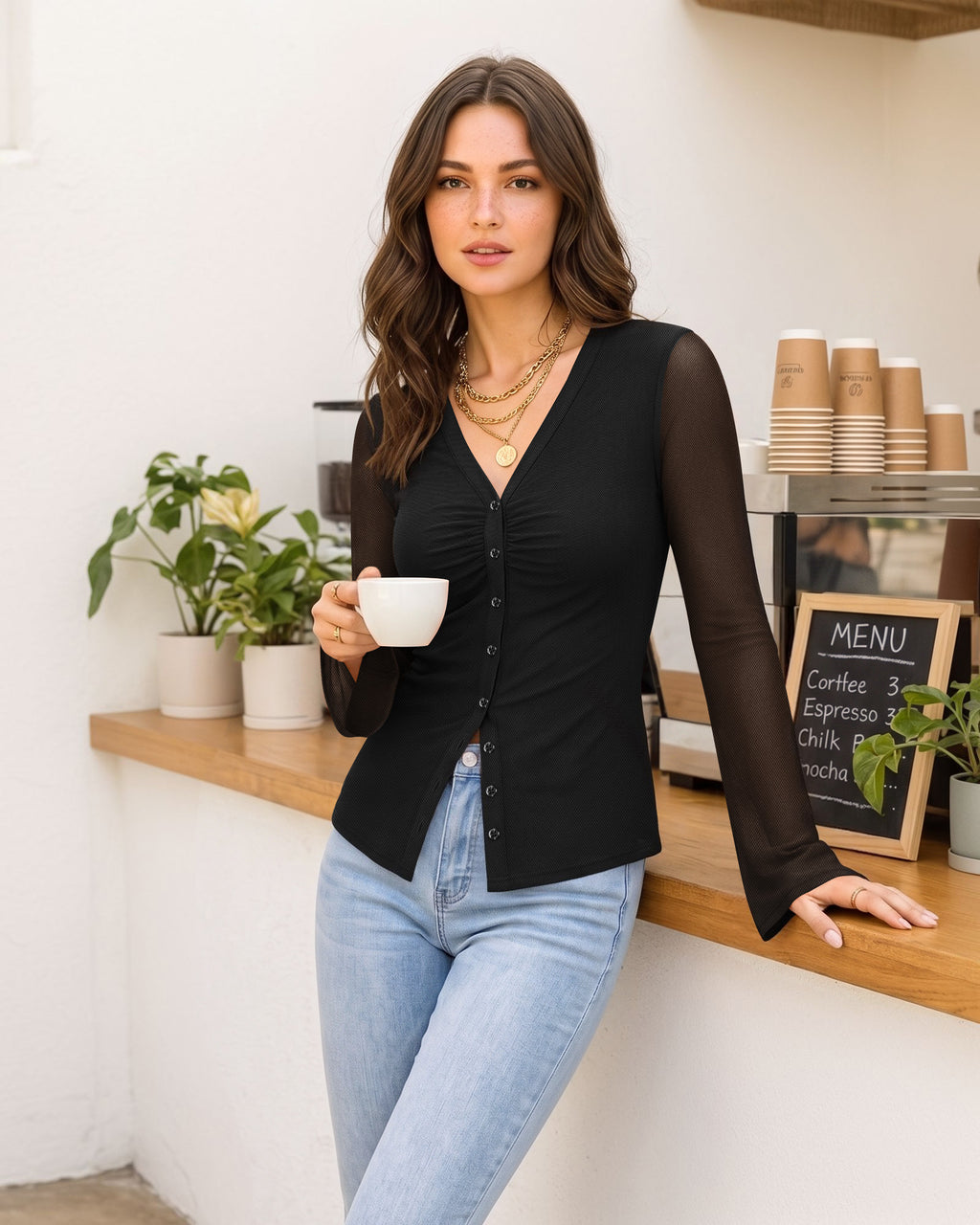 MANGOPOP Button-Down Trumpet Sleeve Ruched Mesh Blouse Black