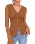 MANGOPOP Button-Down Trumpet Sleeve Ruched Mesh Blouse Brown