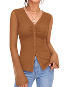 MANGOPOP Button-Down Trumpet Sleeve Ruched Mesh Blouse Brown