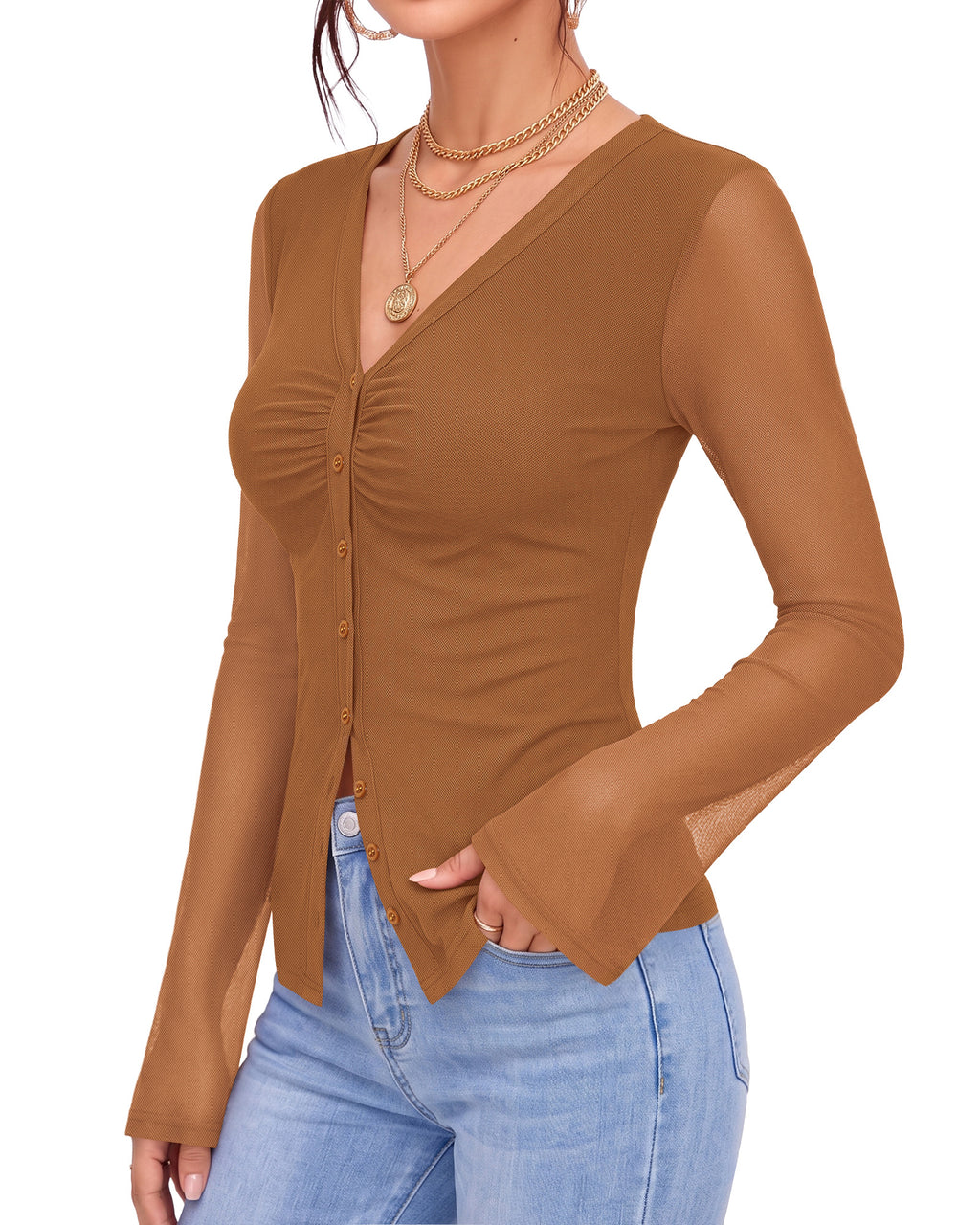 MANGOPOP Button-Down Trumpet Sleeve Ruched Mesh Blouse Brown
