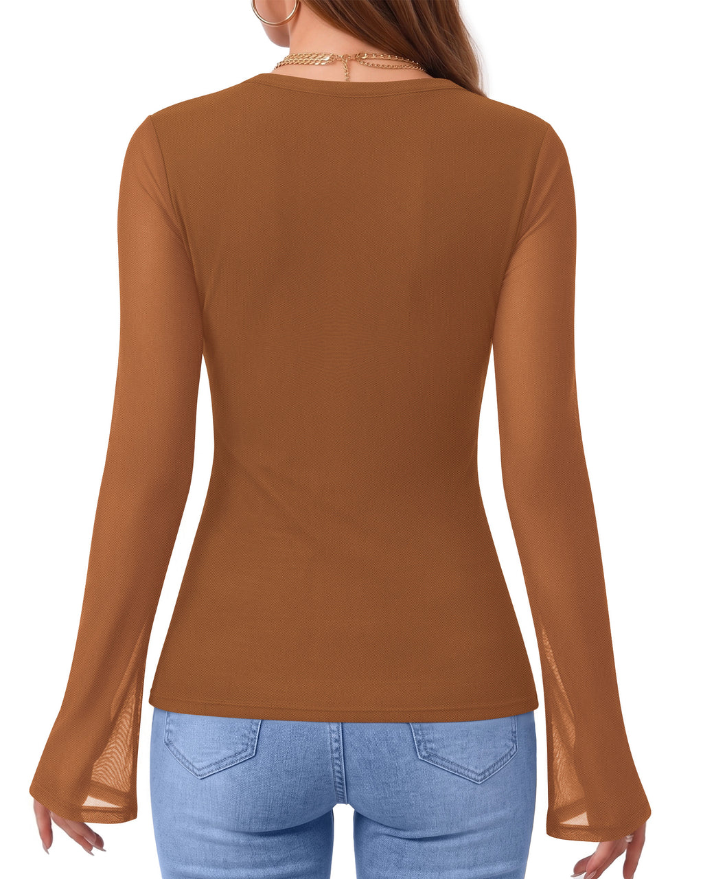 MANGOPOP Button-Down Trumpet Sleeve Ruched Mesh Blouse Brown