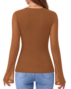 MANGOPOP Button-Down Trumpet Sleeve Ruched Mesh Blouse Brown