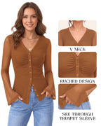 MANGOPOP Button-Down Trumpet Sleeve Ruched Mesh Blouse Brown