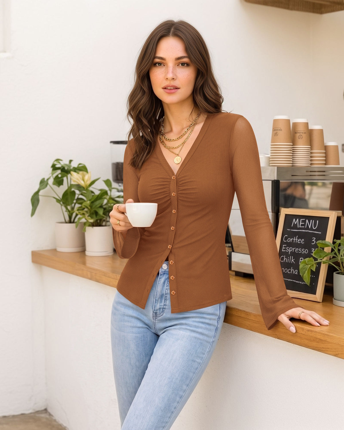 MANGOPOP Button-Down Trumpet Sleeve Ruched Mesh Blouse Brown