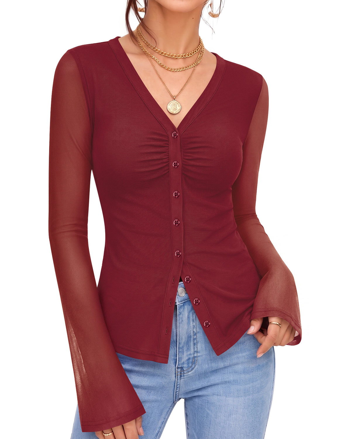 MANGOPOP Button-Down Trumpet Sleeve Ruched Mesh Blouse Burgundy