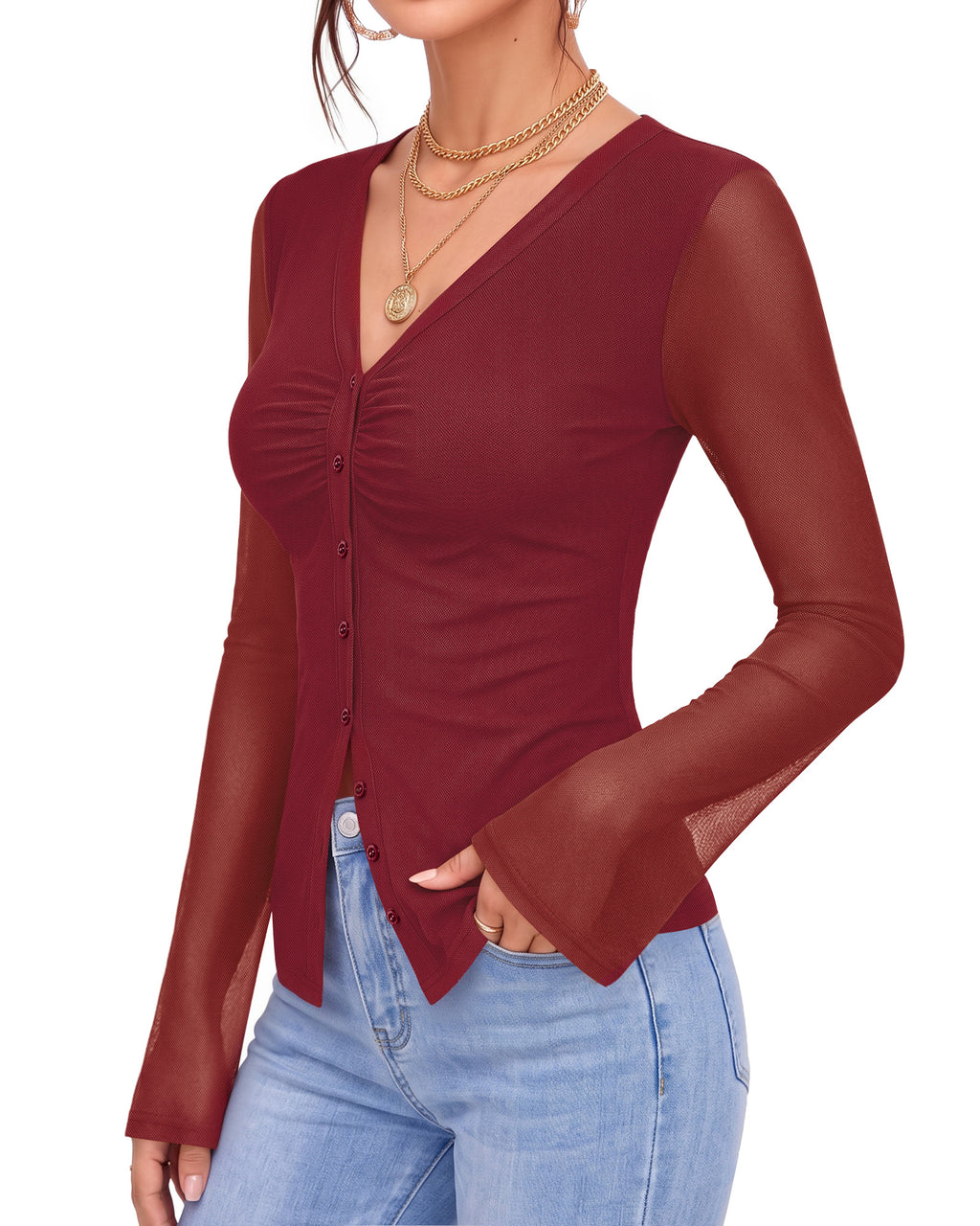 MANGOPOP Button-Down Trumpet Sleeve Ruched Mesh Blouse Burgundy