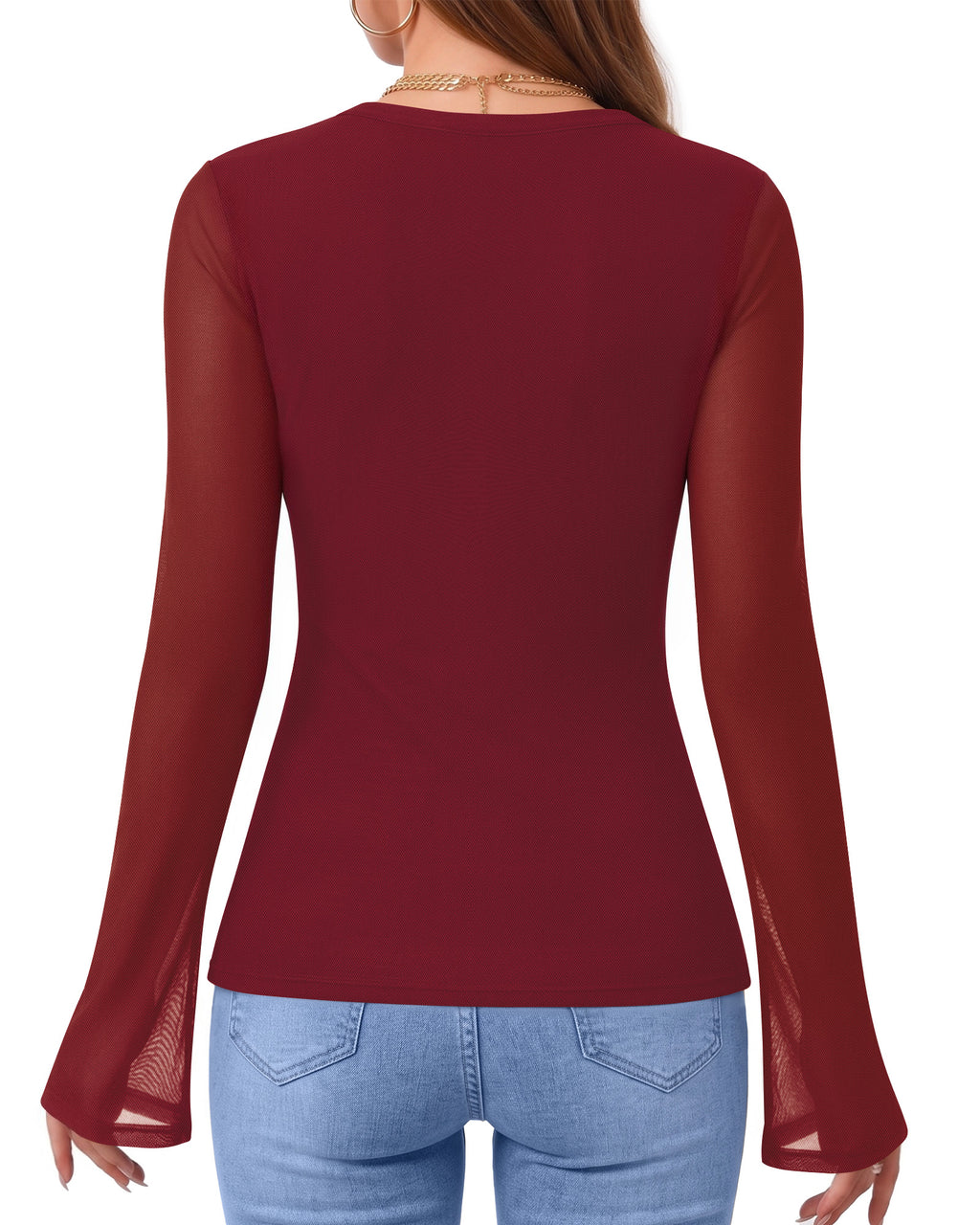 MANGOPOP Button-Down Trumpet Sleeve Ruched Mesh Blouse Burgundy