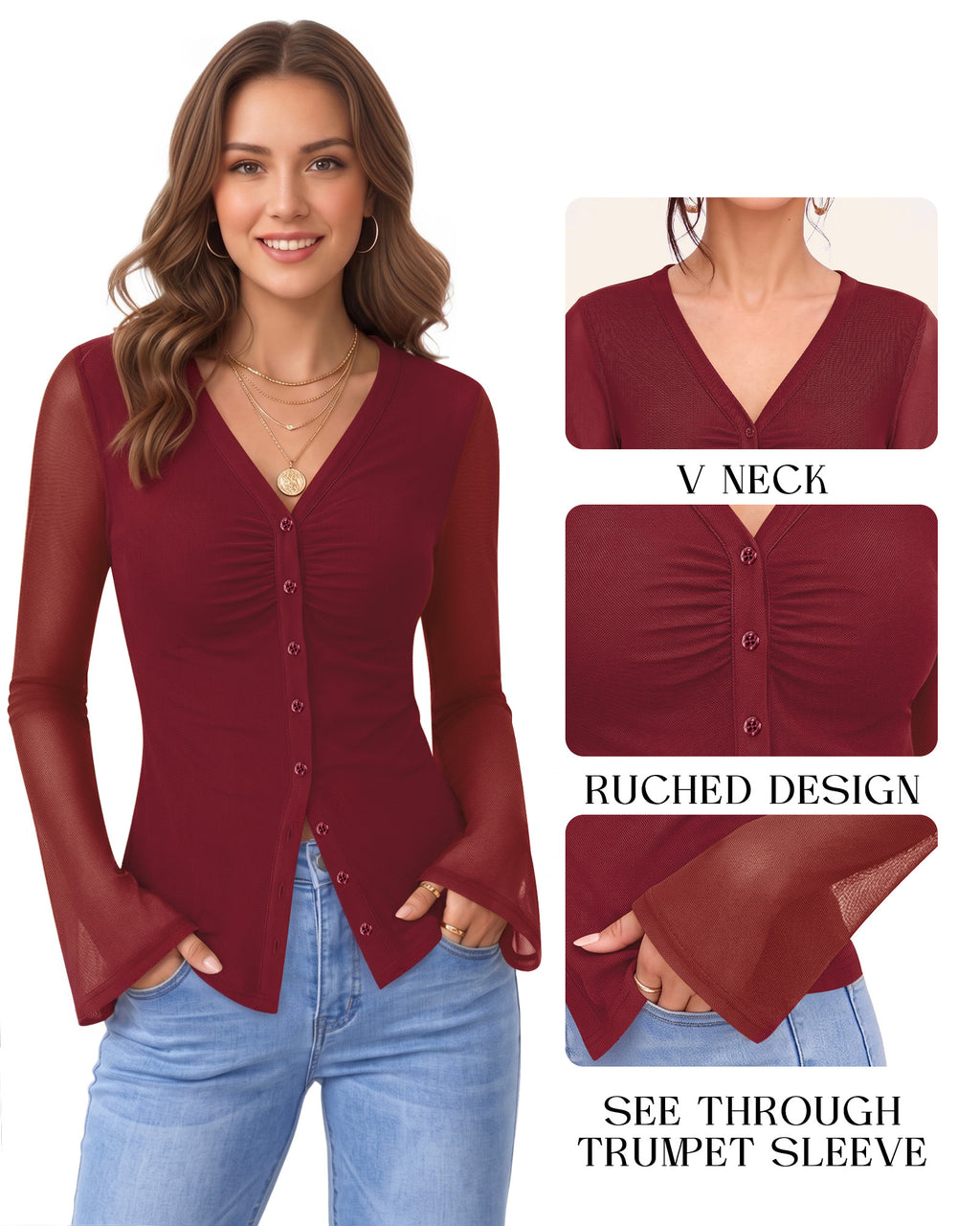 MANGOPOP Button-Down Trumpet Sleeve Ruched Mesh Blouse Burgundy