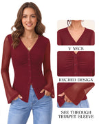 MANGOPOP Button-Down Trumpet Sleeve Ruched Mesh Blouse Burgundy