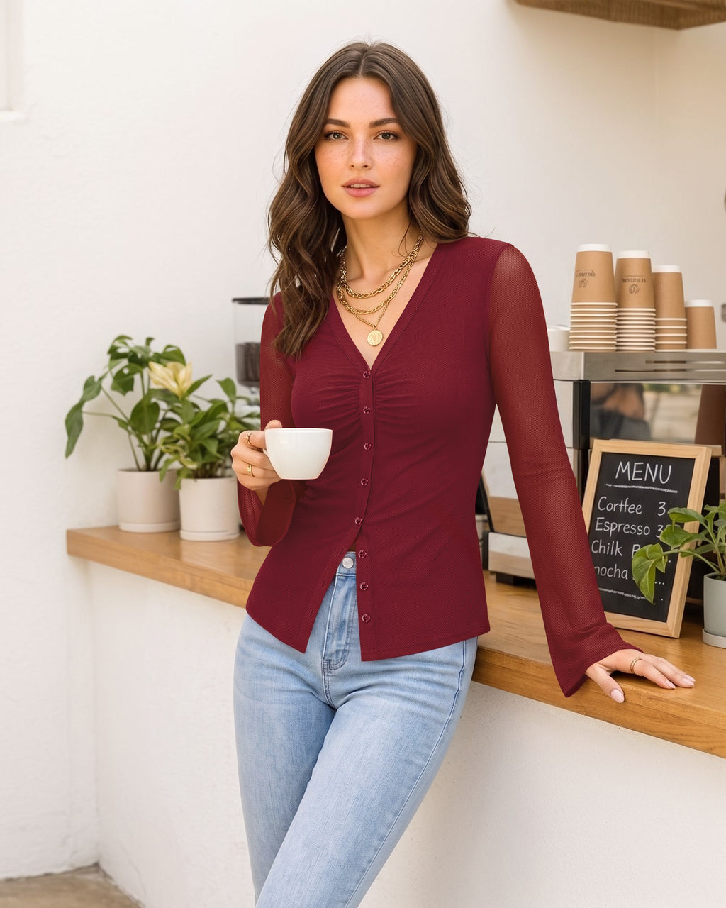 MANGOPOP Button-Down Trumpet Sleeve Ruched Mesh Blouse Burgundy