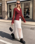 MANGOPOP Button-Down Trumpet Sleeve Ruched Mesh Blouse Burgundy